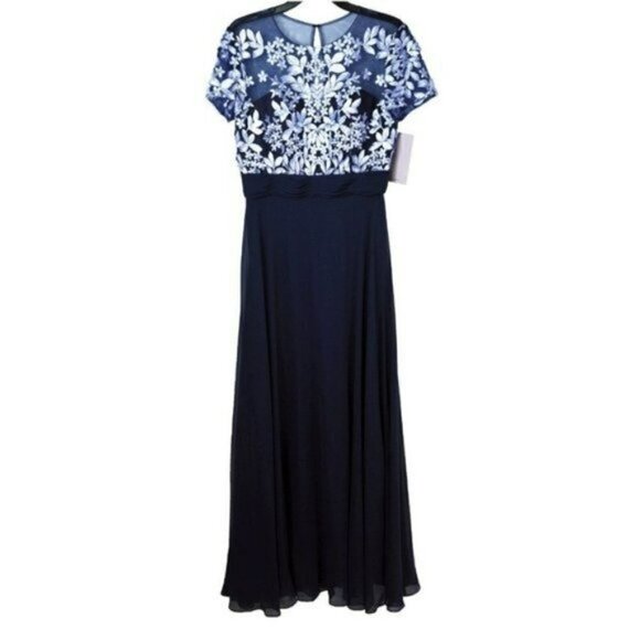 NWT JS COLLECTIONS Floral Embroidered Lace Illusion Neck Gown Maxi Dress - Picture 5 of 9